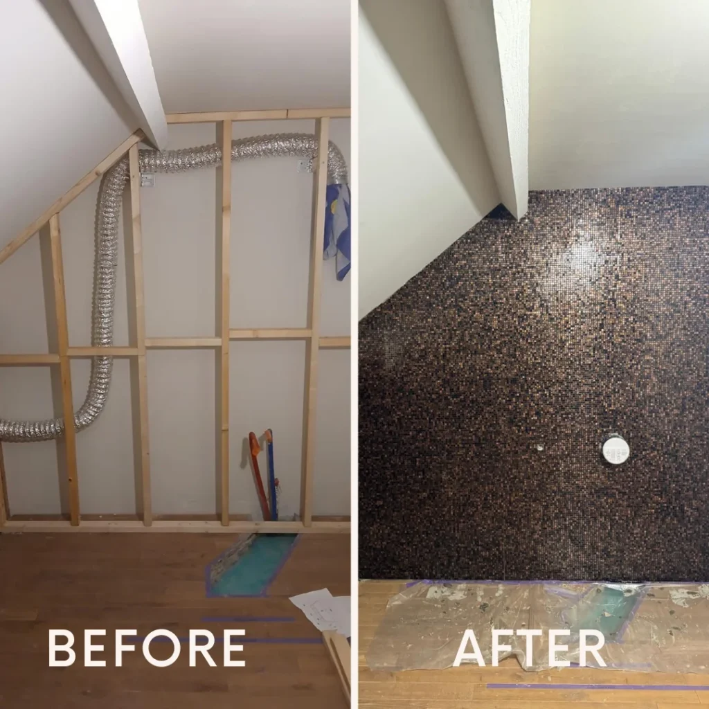 Badkamerrenovatie valse wand met mozaïek Kortrijk-Dutsel 